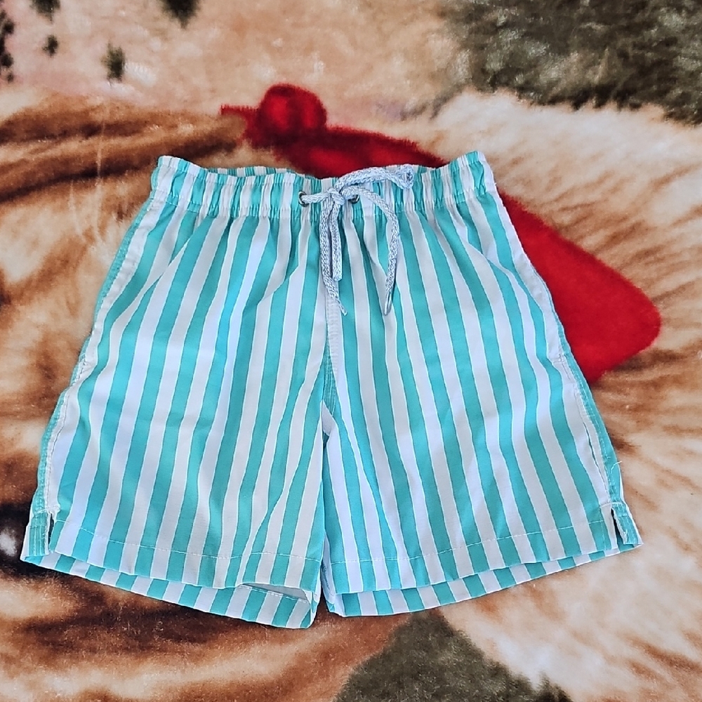 Kenny Flowers Kids Aqua and White Striped Swim Trunks Size 10